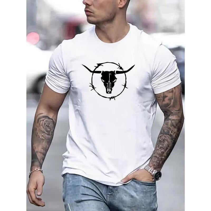 Bull Skull Print T Shirt, Tees For Men, Casual Short Sleeve T-shirt For Summer Made in USA