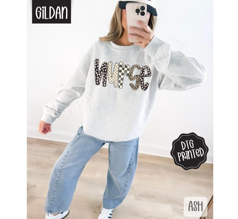 Checkered Nurse Sweatshirt, Trendy Women's Sweater
