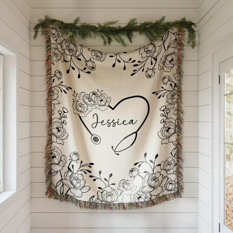 Custom Floral Nurse Woven Blanket, Gift for Nurse