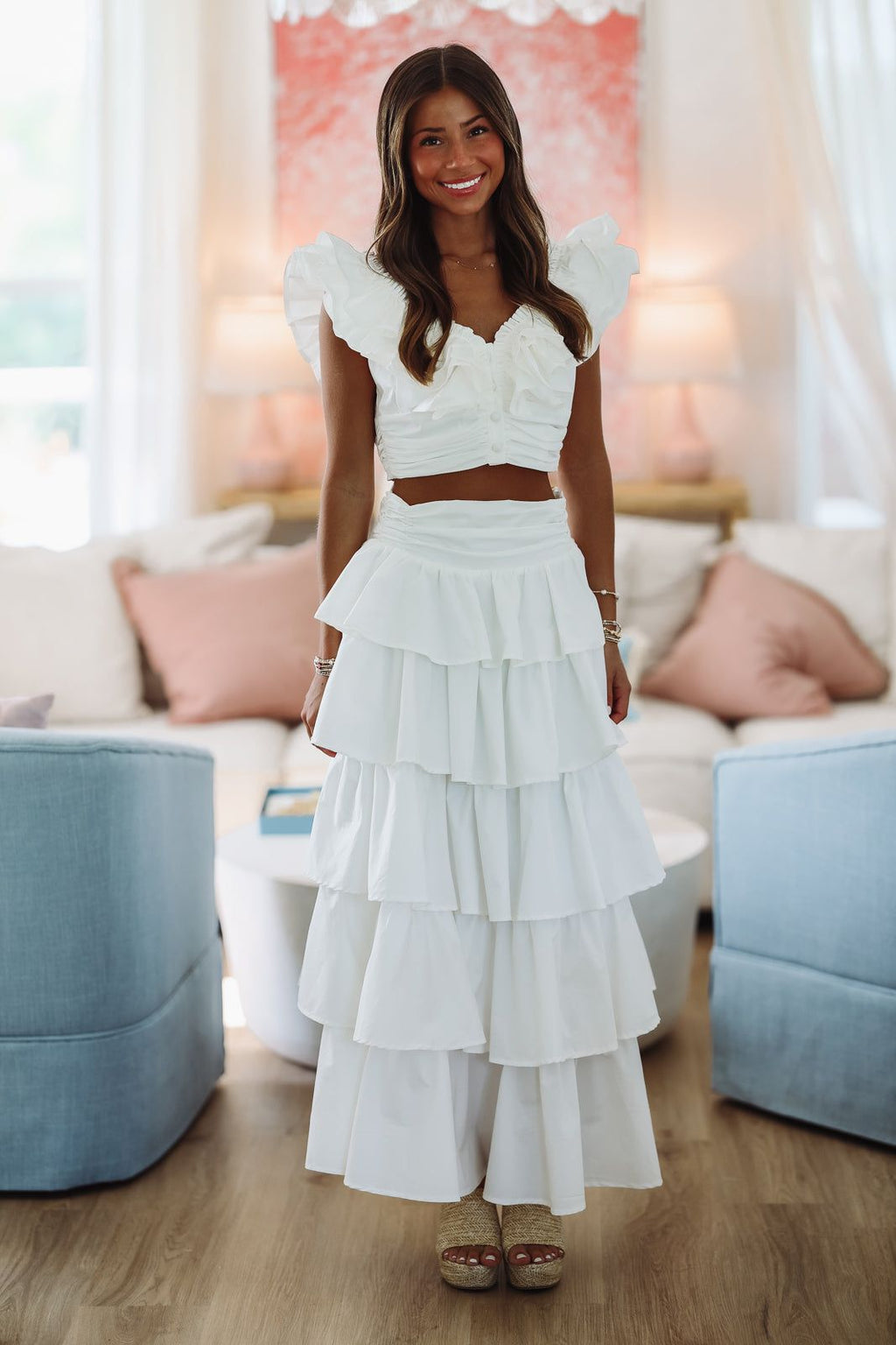 Lemon Zest Ruffled Crop Top - White